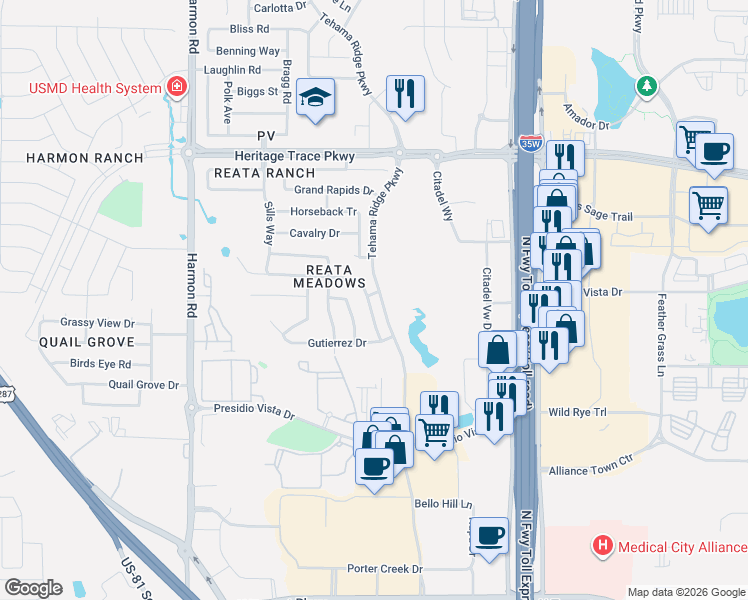 map of restaurants, bars, coffee shops, grocery stores, and more near 2341 Loreto Drive in Fort Worth