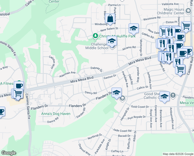 map of restaurants, bars, coffee shops, grocery stores, and more near 7684 Adkins Way in San Diego