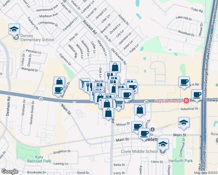 map of restaurants, bars, coffee shops, grocery stores, and more near 3414 Maple Lane in Rowlett