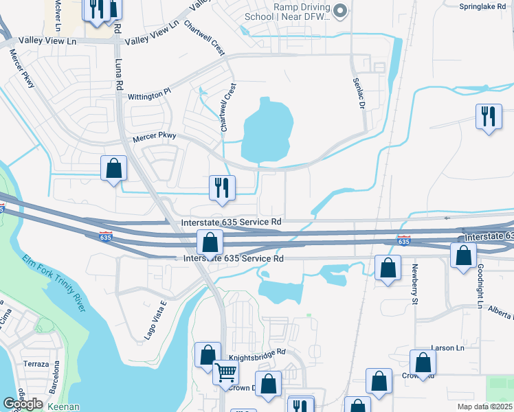 map of restaurants, bars, coffee shops, grocery stores, and more near Commerce Drive in Farmers Branch