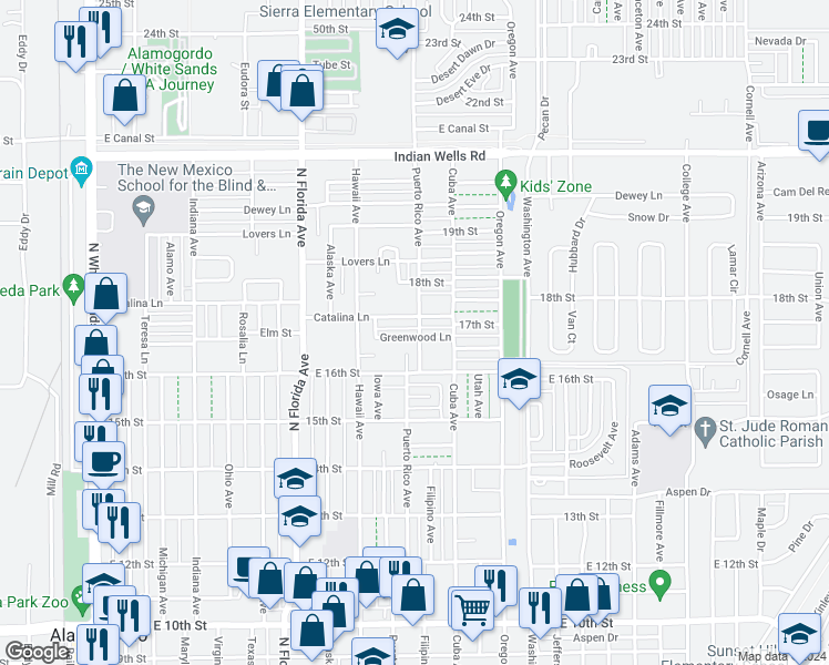 map of restaurants, bars, coffee shops, grocery stores, and more near 1113 Greenwood Lane in Alamogordo