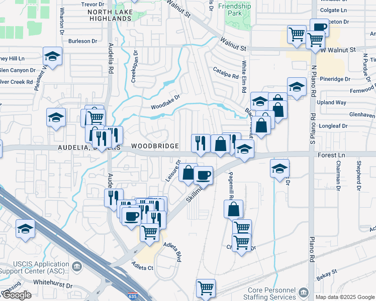 map of restaurants, bars, coffee shops, grocery stores, and more near 11817 Garden Terrace Drive in Dallas