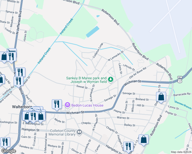 map of restaurants, bars, coffee shops, grocery stores, and more near 217 Springwood Drive in Walterboro