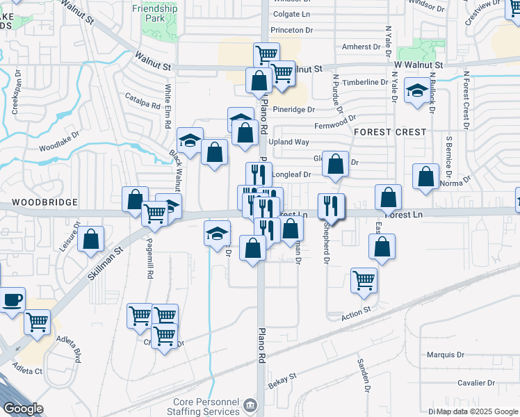 map of restaurants, bars, coffee shops, grocery stores, and more near 11821 Plano Road in Dallas