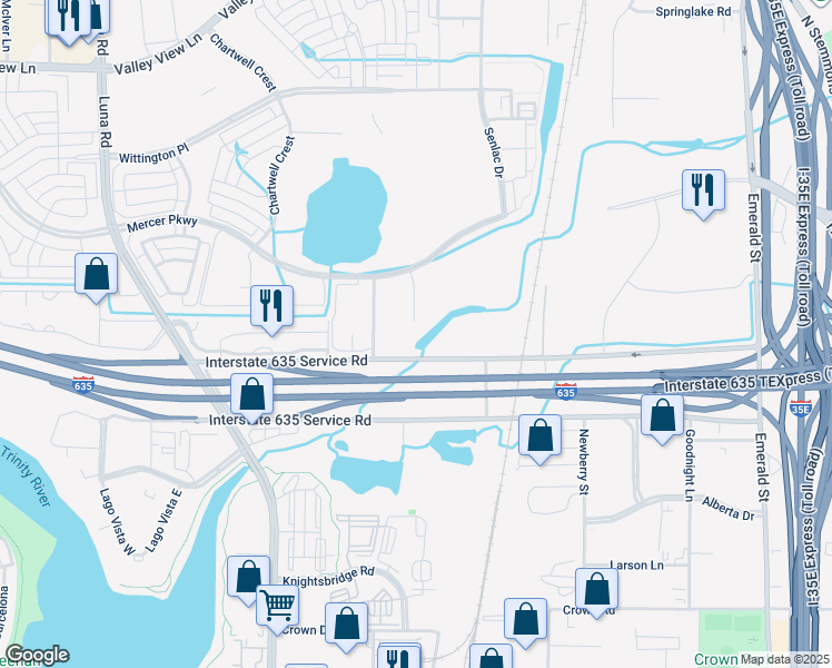 map of restaurants, bars, coffee shops, grocery stores, and more near 1711 Lyndon B Johnson Freeway in Farmers Branch