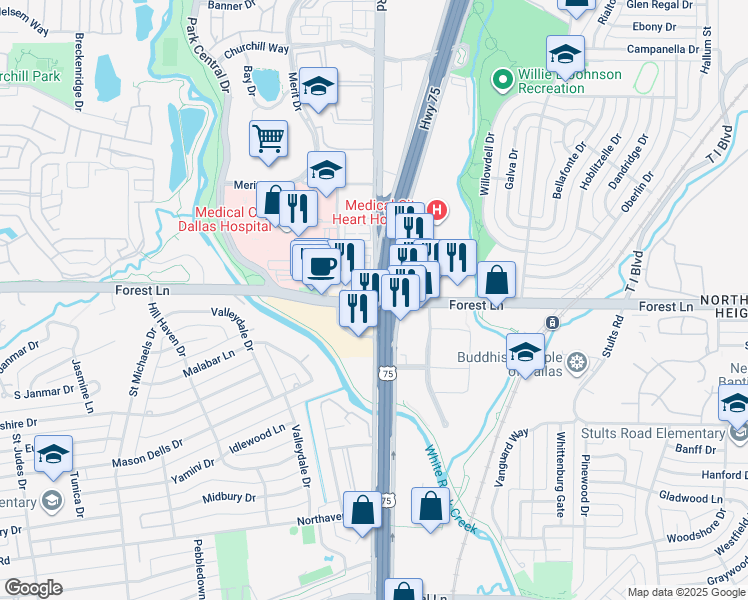 map of restaurants, bars, coffee shops, grocery stores, and more near Forest Lane & Coit Road in Dallas