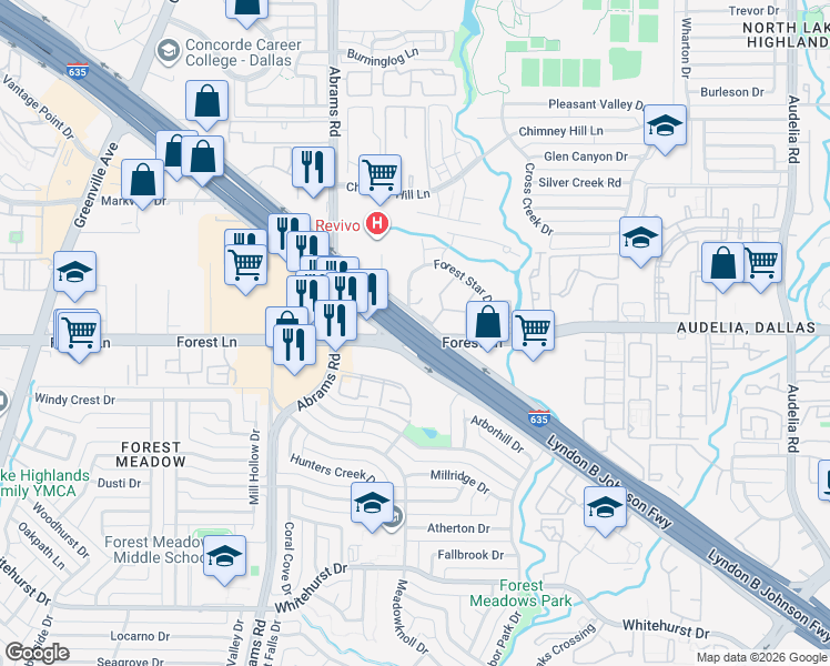 map of restaurants, bars, coffee shops, grocery stores, and more near 9309 Lyndon B Johnson Freeway in Dallas