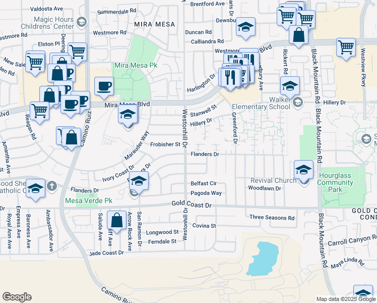map of restaurants, bars, coffee shops, grocery stores, and more near 10531 Westonhill Drive in San Diego