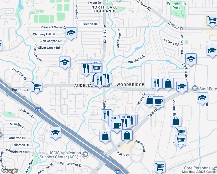map of restaurants, bars, coffee shops, grocery stores, and more near 9850 Forest Lane in Dallas