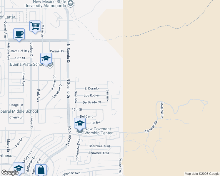 map of restaurants, bars, coffee shops, grocery stores, and more near 3116 Stonecliff in Alamogordo