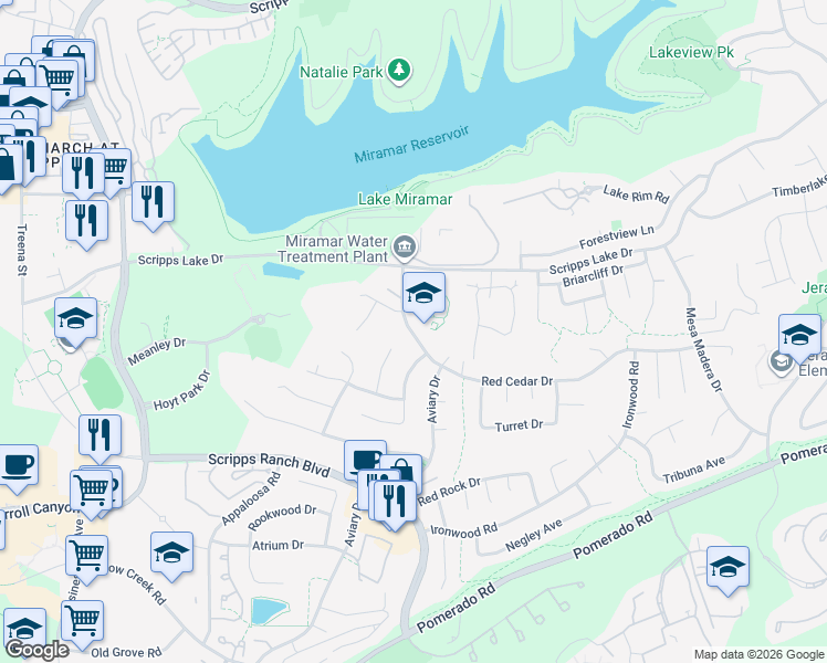 map of restaurants, bars, coffee shops, grocery stores, and more near 10725 Red Cedar Drive in San Diego