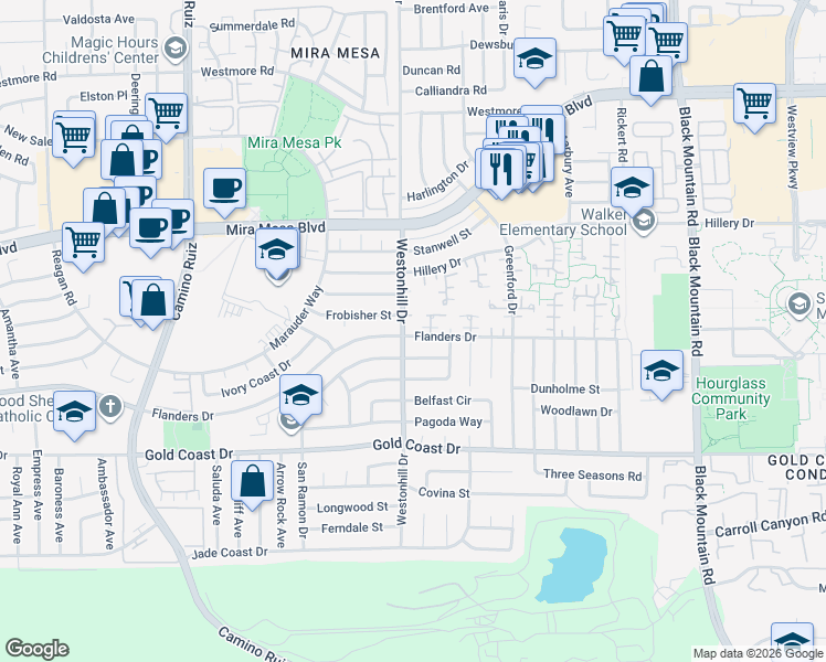 map of restaurants, bars, coffee shops, grocery stores, and more near 10531 Westonhill Drive in San Diego