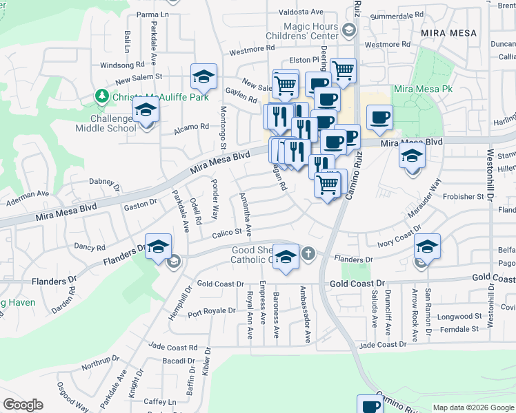map of restaurants, bars, coffee shops, grocery stores, and more near 8068 Kenova Street in San Diego
