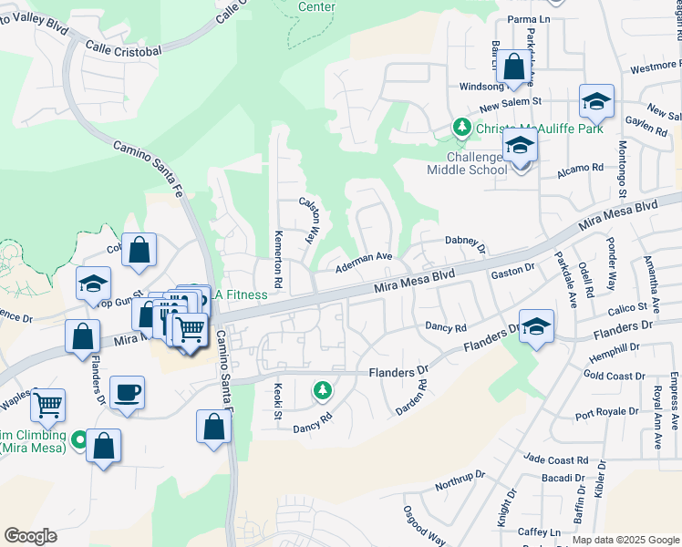 map of restaurants, bars, coffee shops, grocery stores, and more near 7245 Fargate Terrace in San Diego
