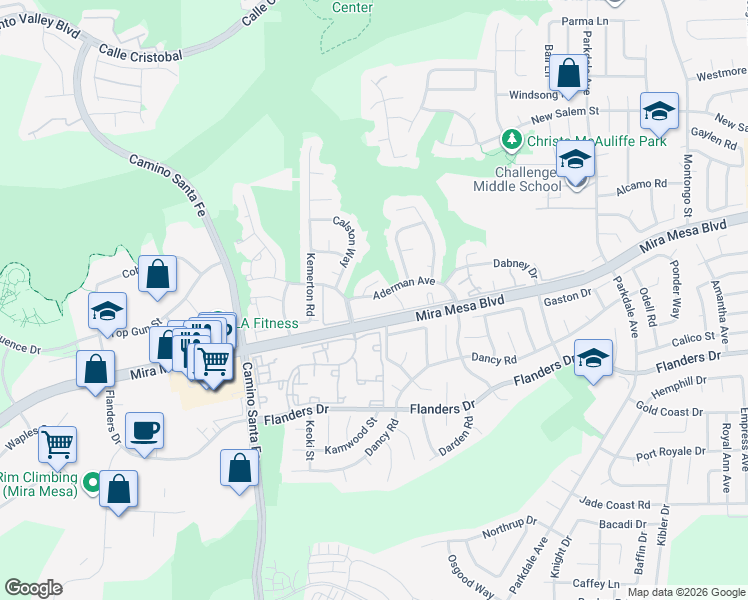 map of restaurants, bars, coffee shops, grocery stores, and more near 7245 Fargate Terrace in San Diego