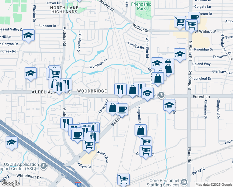 map of restaurants, bars, coffee shops, grocery stores, and more near 11817 Garden Terrace Drive in Dallas