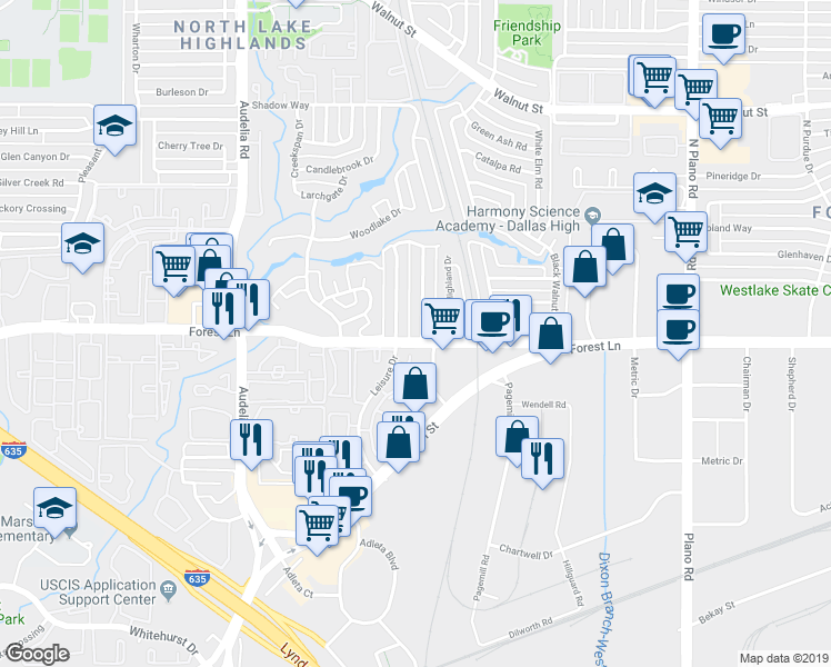 map of restaurants, bars, coffee shops, grocery stores, and more near 11817 Garden Terrace Drive in Dallas