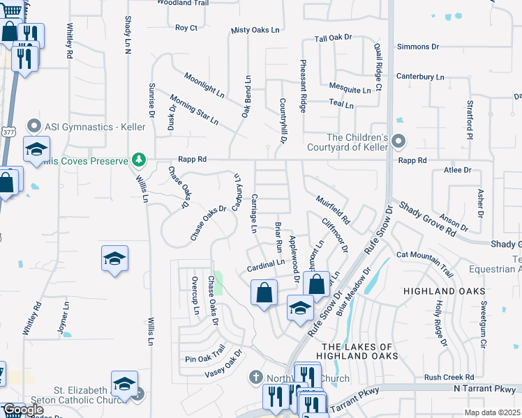 map of restaurants, bars, coffee shops, grocery stores, and more near 605 Cherry Tree Drive in Keller