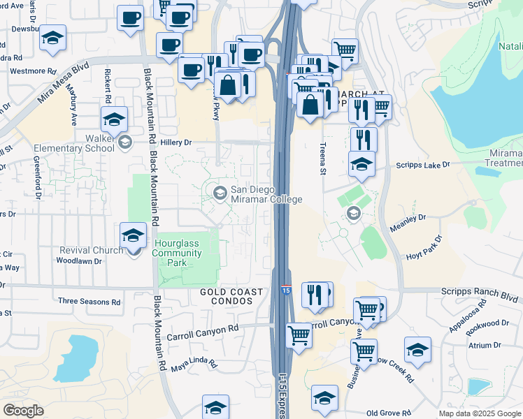 map of restaurants, bars, coffee shops, grocery stores, and more near 10480 Maya Linda Road in San Diego