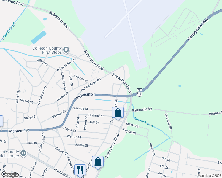 map of restaurants, bars, coffee shops, grocery stores, and more near 305 Alexander in Walterboro