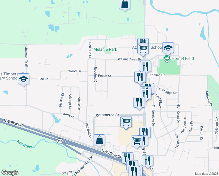 map of restaurants, bars, coffee shops, grocery stores, and more near 912 Red Oak Street in Azle