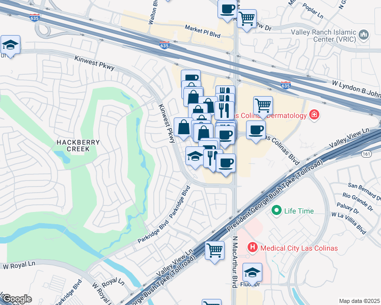 map of restaurants, bars, coffee shops, grocery stores, and more near 1135 Kinwest Parkway in Irving