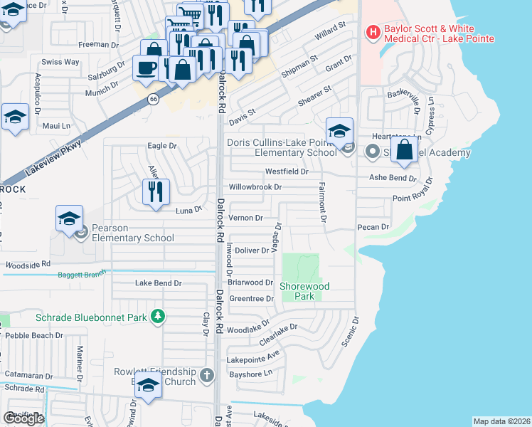 map of restaurants, bars, coffee shops, grocery stores, and more near 5513 Vagas Drive in Rowlett