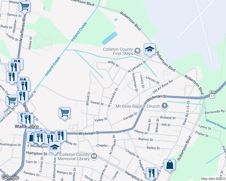 map of restaurants, bars, coffee shops, grocery stores, and more near 217 Springwood Drive in Walterboro