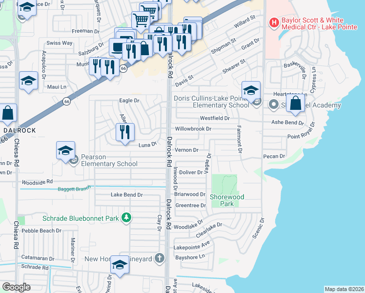 map of restaurants, bars, coffee shops, grocery stores, and more near 8801 Vernon Drive in Rowlett