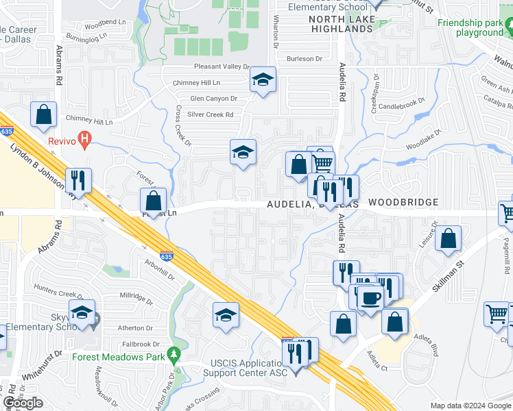 map of restaurants, bars, coffee shops, grocery stores, and more near 9669 Forest Lane in Dallas
