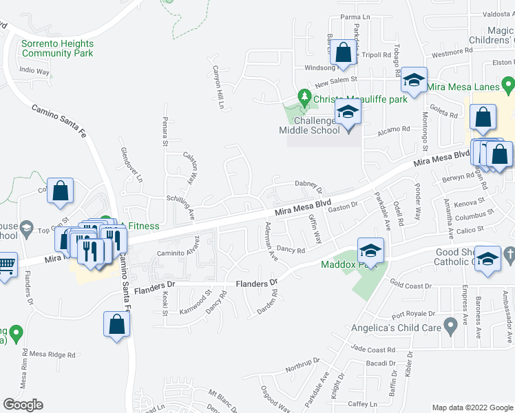map of restaurants, bars, coffee shops, grocery stores, and more near 10766 Dabney Drive in San Diego