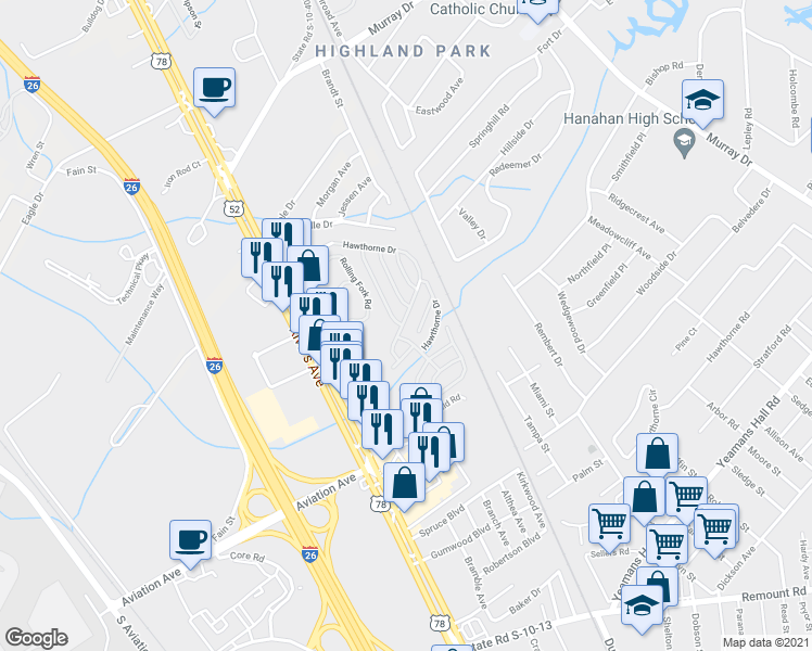 map of restaurants, bars, coffee shops, grocery stores, and more near 1900 Hawthorne Drive in North Charleston