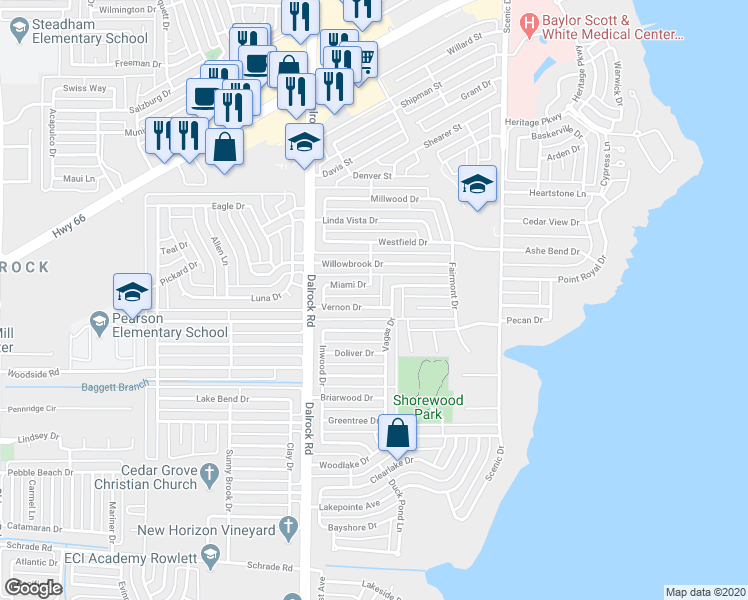 map of restaurants, bars, coffee shops, grocery stores, and more near 5513 Vagas Drive in Rowlett