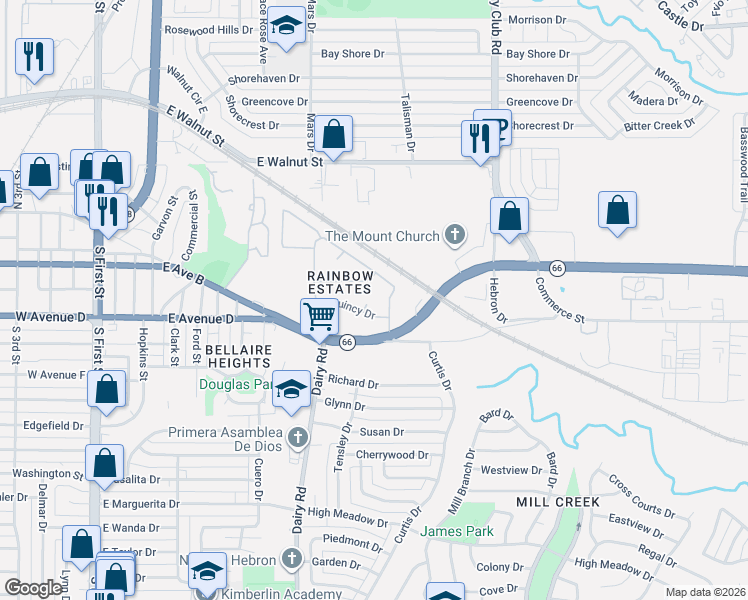 map of restaurants, bars, coffee shops, grocery stores, and more near 938 Lister Drive in Garland