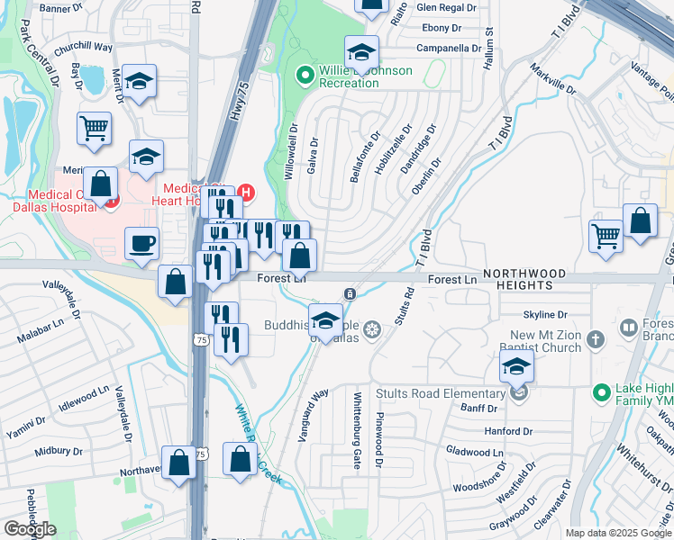 map of restaurants, bars, coffee shops, grocery stores, and more near 11824 Oberlin Drive in Dallas
