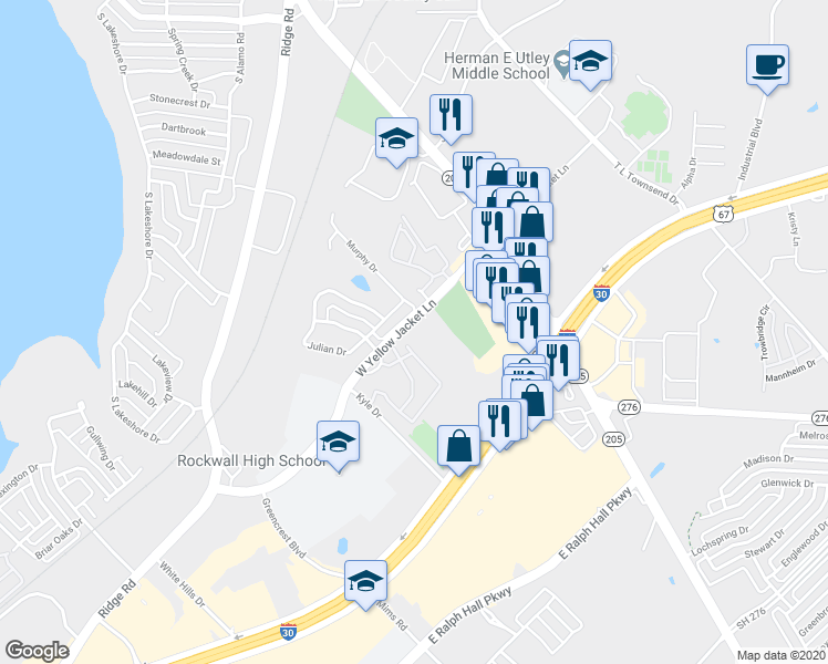 map of restaurants, bars, coffee shops, grocery stores, and more near 961 West Yellow Jacket Lane in Rockwall