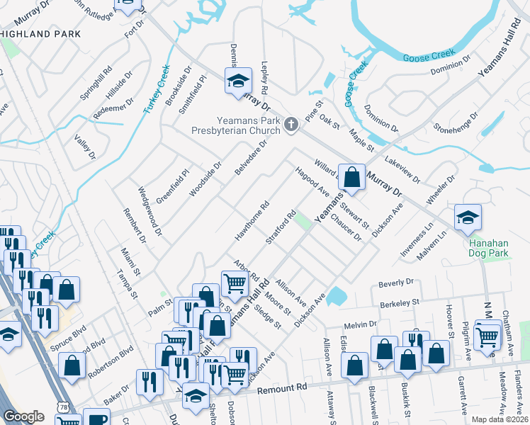 map of restaurants, bars, coffee shops, grocery stores, and more near 1125 Hawthorne Road in Hanahan