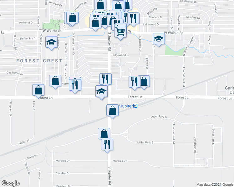 map of restaurants, bars, coffee shops, grocery stores, and more near 3401 Forest Lane in Garland