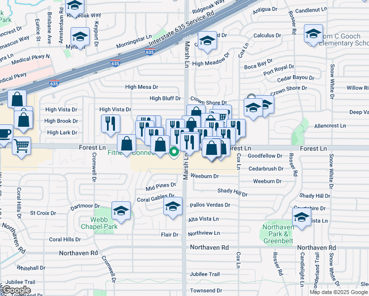 map of restaurants, bars, coffee shops, grocery stores, and more near 11793 Marsh Lane in Dallas