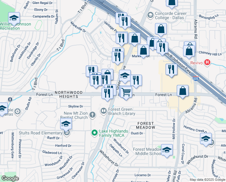 map of restaurants, bars, coffee shops, grocery stores, and more near 9079 Forest Lane in Dallas