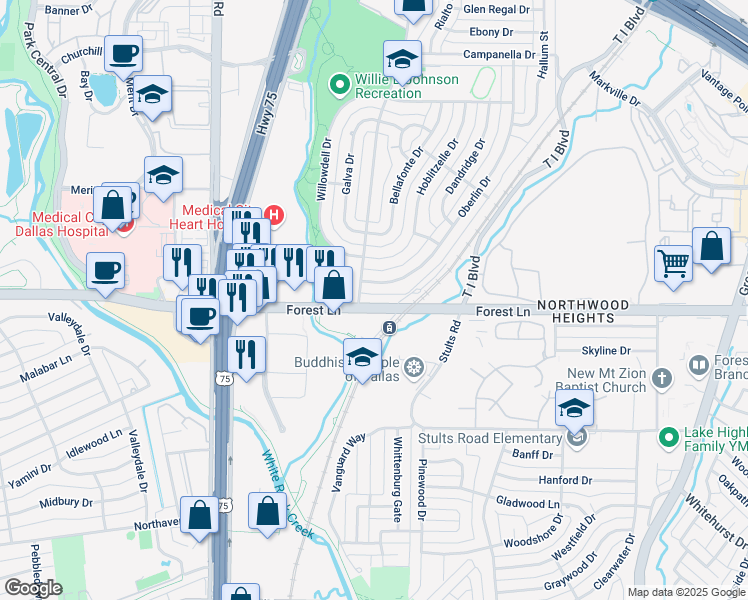 map of restaurants, bars, coffee shops, grocery stores, and more near 11824 Oberlin Drive in Dallas