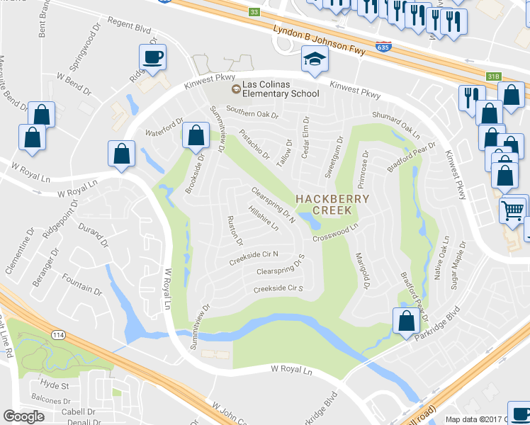 map of restaurants, bars, coffee shops, grocery stores, and more near 7416 Hillshire Lane in Irving