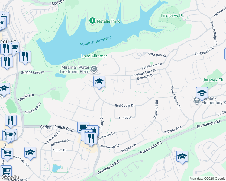 map of restaurants, bars, coffee shops, grocery stores, and more near 10372 Ridgewater Lane in San Diego