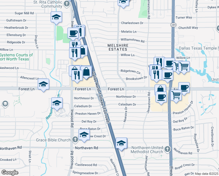 map of restaurants, bars, coffee shops, grocery stores, and more near 5555 Forest Lane in Dallas