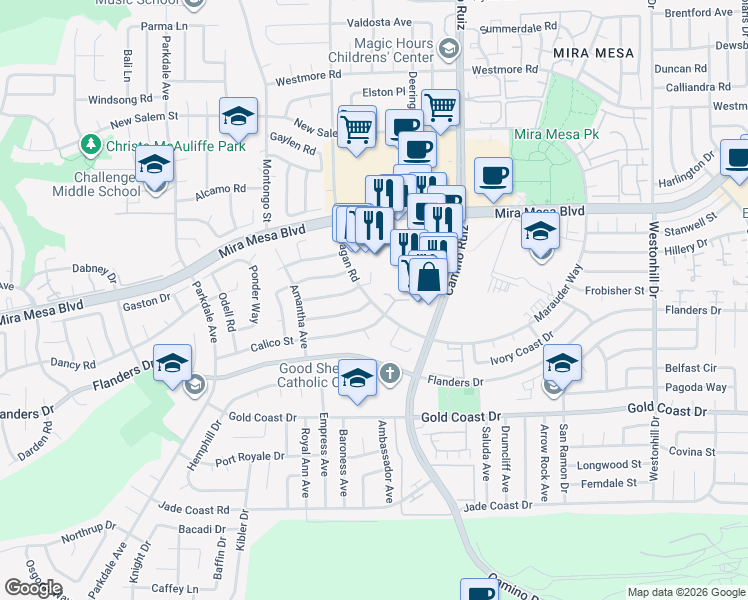 map of restaurants, bars, coffee shops, grocery stores, and more near 9830 Reagan Road in San Diego