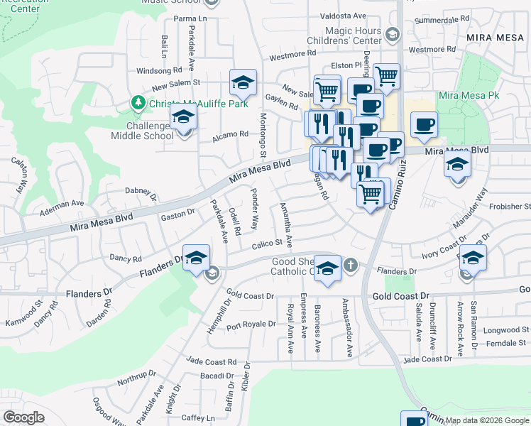 map of restaurants, bars, coffee shops, grocery stores, and more near 7988 Lakeport Road in San Diego