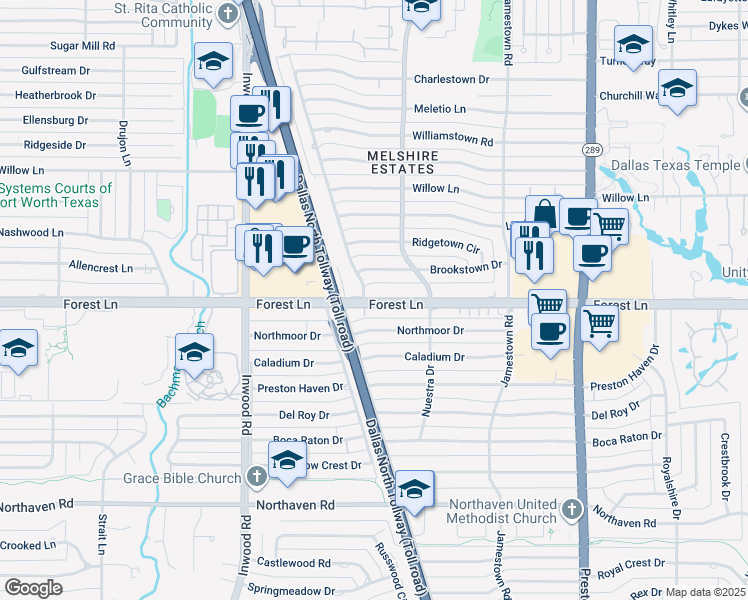 map of restaurants, bars, coffee shops, grocery stores, and more near 5555 Forest Lane in Dallas