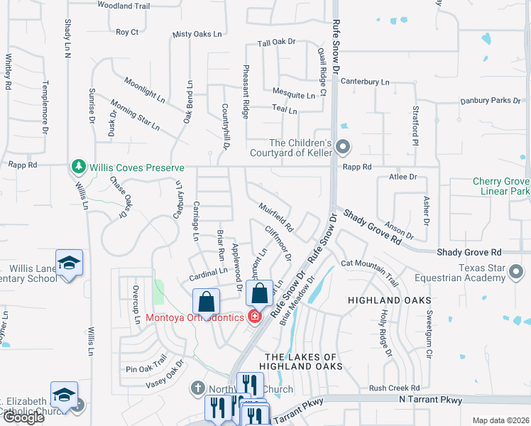 map of restaurants, bars, coffee shops, grocery stores, and more near 721 Muirfield Road in Keller