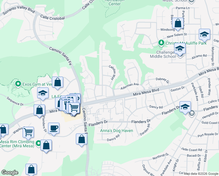 map of restaurants, bars, coffee shops, grocery stores, and more near 10605 Kemerton Road in San Diego