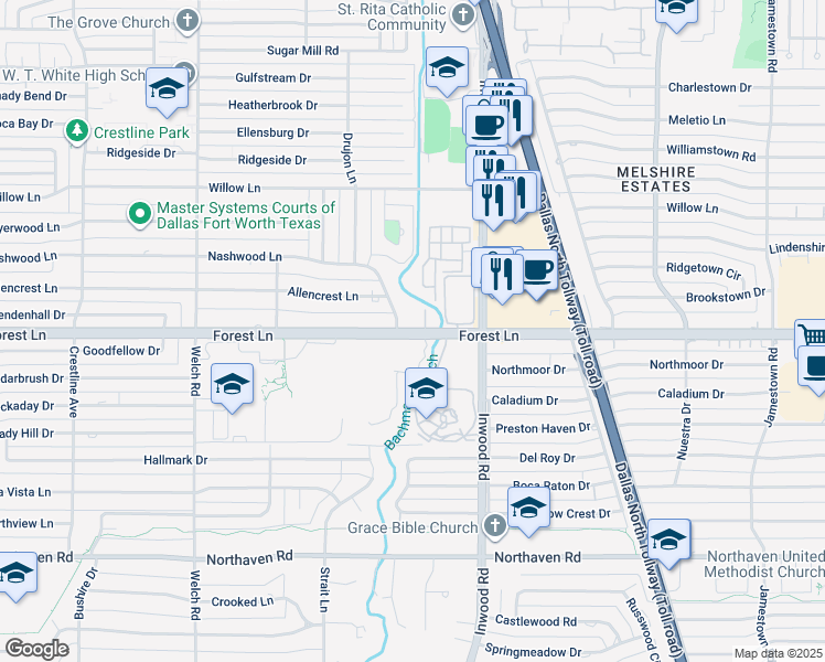 map of restaurants, bars, coffee shops, grocery stores, and more near 5000-5098 Forest Ln Cir in Dallas